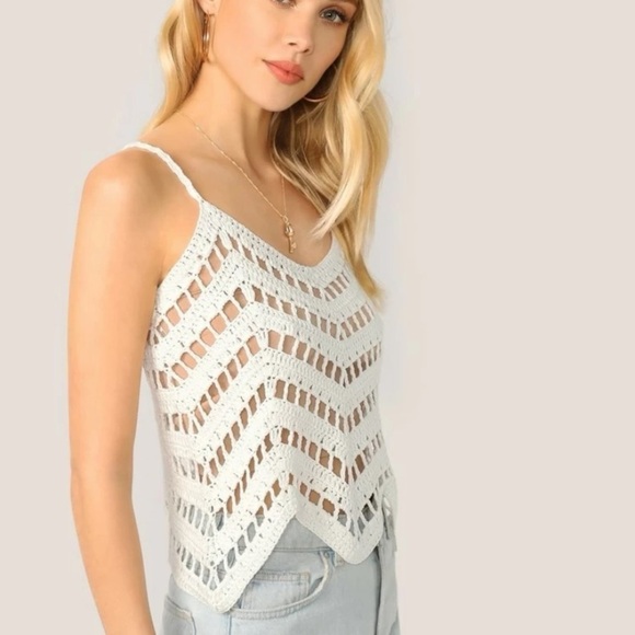 Crotchet Knit Cream Boho Festival Tank Top Size Small S - Picture 4 of 15